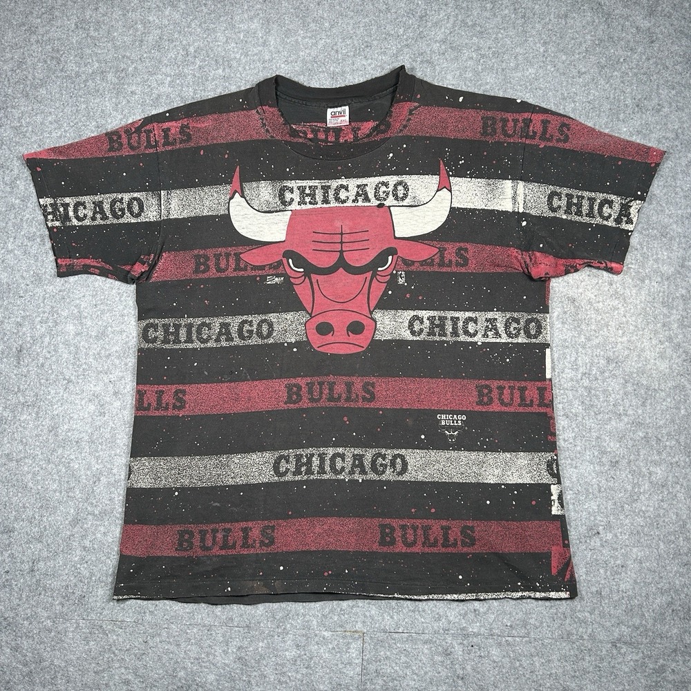 Vintage 1992 Chicago Bulls T‎ Shirt Mens XXL 2XL Black All Over Print NBA Salem